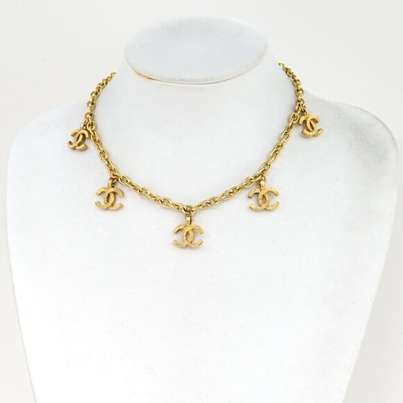 CHANEL CC Logos 5 Charm Necklace 16" Gold Tone Auth - Picture 1 of 7